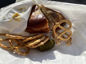 Savoury bagel, surprisingly served with pretzels and a pickle. Yum!  at Bury Me Standing  in Hobart