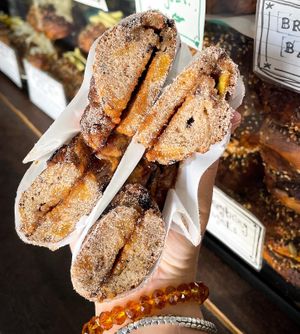 Toasted sweet bagel filled with vegan butter and cinnamon sugar! at Bury Me Standing  in Hobart