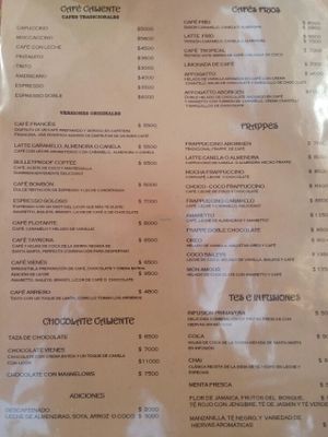 Hot drinks menu  at Aborigen in Santa Marta