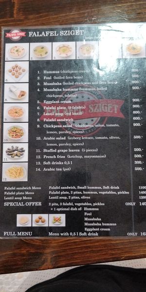 Menu at Falafel Sziget in Budapest