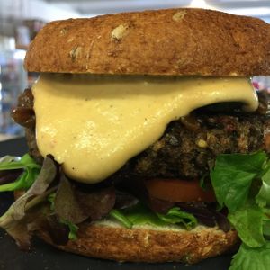 Plenty 'Classic' burger with cashew 'cheddar' at The Little Shop of Plenty in Maylands