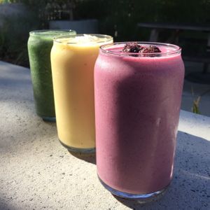 Fresh fruit smoothies.... green goodness, mango, lime & coconut,  blackberry, almond milk & lucuma. at The Little Shop of Plenty in Maylands
