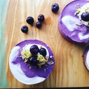 Cashew mousse cakes....  blueberry & lemon at The Little Shop of Plenty in Maylands