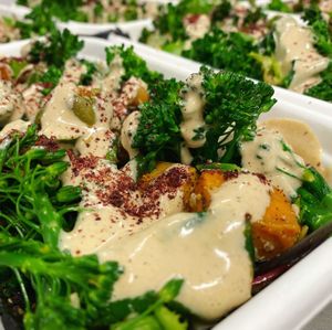'Plant Food Boxes' ready for take away....  Moroccan spiced chick peas, quinoa, pumpkin, broccolini, herbs, tahini orange dressing. at The Little Shop of Plenty in Maylands