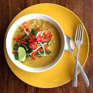 Spicy coconut laksa.... at The Little Shop of Plenty in Maylands