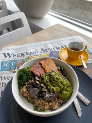 Breakfast risotto, biodynamic brown rice with tamari braised mushrooms, kale, pesto, pepitas, lupin tempeh... at The Little Shop of Plenty in Maylands