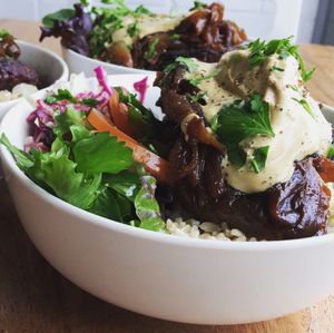 'Classic' burger... without the bread!  All burgers also available as a bowl with biodynamic brown rice & loads of salad. at The Little Shop of Plenty in Maylands