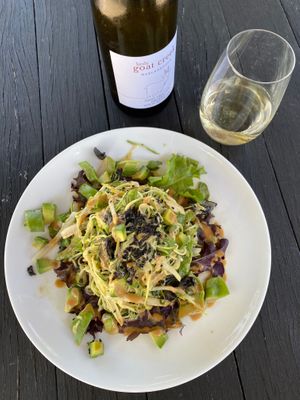 Raw zucchini noodle 'soba' salad with avocado, marinated mushrooms, snow peas & sprouts, miso sesame dressing. at The Little Shop of Plenty in Maylands