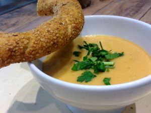Hot soup everyday! Sweet potatoe and apple soup! With Simit  at SNAP Vital and Fresh in Berlin