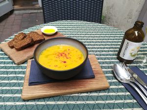 Soup and house bread at Aed Restaurant in Tallinn