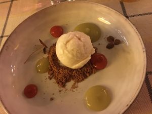 Parsnip sorbet, roship and pine sauce and gingerbread crumps at Aed Restaurant in Tallinn