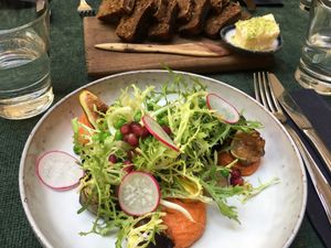 Grilled aubergine with pepper hummus and grilled fig at Aed Restaurant in Tallinn