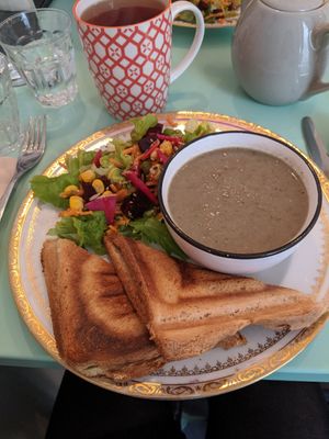Mushroom soup, smoked tofu croque Monsieur and salad at Les P'tits Poissons Verts in Nimes