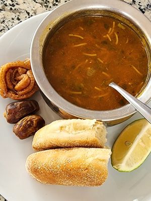 Soup with dates and pastry at Cafe Clock in Marrakech