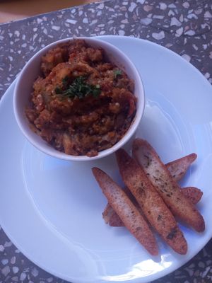 Smokey zaalouk at Cafe Clock in Marrakech