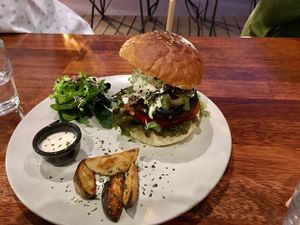 Vegan burger plate (a little skimpy on the fries, as you can see) at Vegetus 베제투스 in Seoul