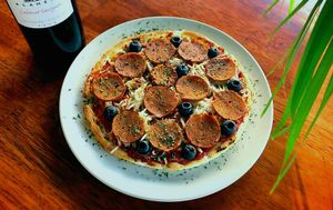 Homemade seitan pepperoni pizza at Vegetus 베제투스 in Seoul