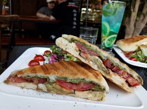 Caprese panini and lemonade in the back at Vegetus 베제투스 in Seoul