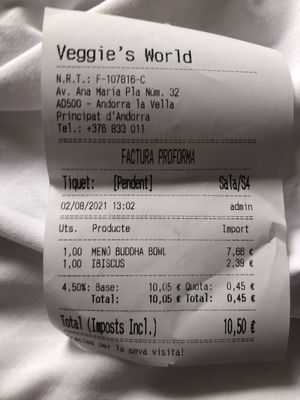 Receipt  at Veggie's World in Andorra La Vella
