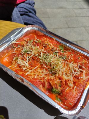 Spinach gnocchi with vegan cheese at Veggie's World in Andorra La Vella