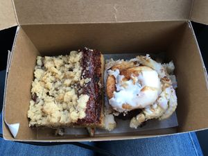 Raspberry oat bar and cinnamon bun at Beards Coffee Bar & Bakery in Sudbury