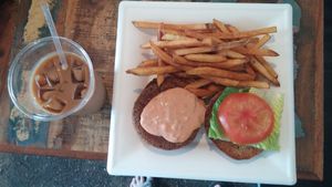 vegan burger & americano with soy at Local's Cafe in Port Jefferson