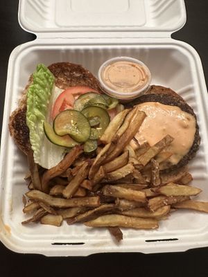 Veggie burger and fries  at Local's Cafe in Port Jefferson