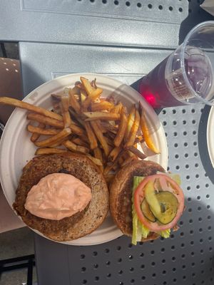 Veggie burger and blueberry lavender iced teaa  at Local's Cafe in Port Jefferson