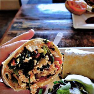 Tofu scramble wrap, “scramble our way”. at Local's Cafe in Port Jefferson