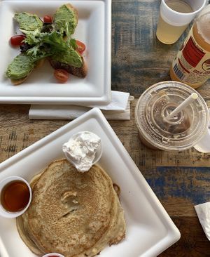 Pancakes, avo toast & iced mocha latte  at Local's Cafe in Port Jefferson