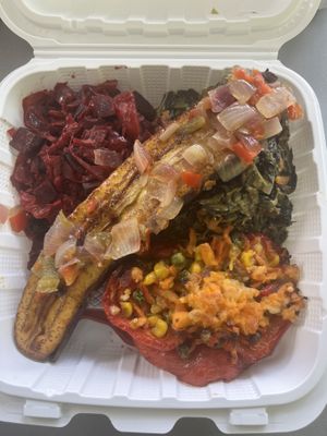 Hot buffet with different vegan options   at Vegan and Juice in Miami