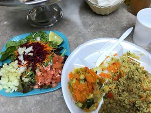 Salad and hot bar food at Vegan and Juice in Miami
