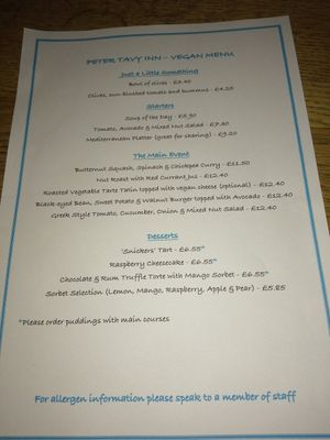 Menu as of 22/6/21 at Peter Tavy Inn in Peter Tavy