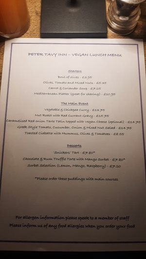 The Vegan Menu. at Peter Tavy Inn in Peter Tavy