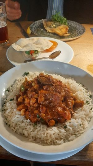 The Vegetable Chickpea Curry with surprise Poppadom and Mango Chutney. at Peter Tavy Inn in Peter Tavy