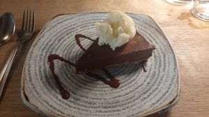 Chocolate & Rum Truffle Torte with Mango Sorbet. at Peter Tavy Inn in Peter Tavy