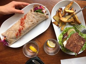 Burger with glutenfree bun & a mushroom tortilla!!  at Jak Malina in Szczecin