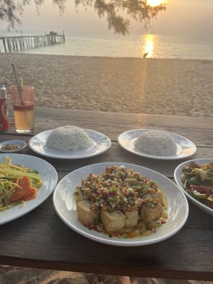 Vegan options aren’t highlighted on the menu but the staff understand veganism well. Pad tofu was QUALITY and the tofu and mixed veg was lovely, veg noodles quite salty though!   at Lazy Beach in Koh Rong