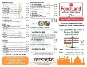 Takeout Menu at Foodland Authentic Indian Cuisine in Corona