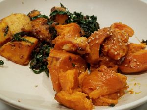 Two sides butternut squash and chili sweet potato at Flower Child in Santa Monica