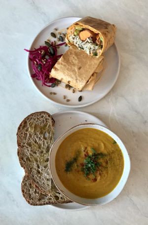 Sweet potato wrap and Curried carrot and lentil soup 😋  at Haven in Tunbridge Wells