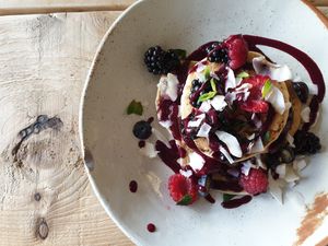 Vegan Pancakes with a variety of toppings at Haven in Tunbridge Wells