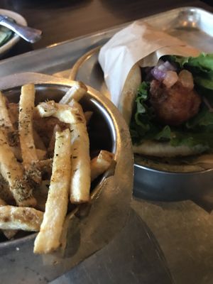 Falafel sandwich with fries at Alpha Omega in Waco