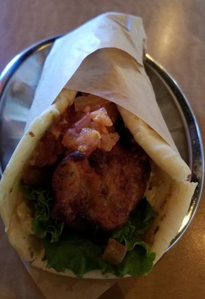 Chickpea gyro, no feta and sub the tatziki sauce with hummus at Alpha Omega in Waco