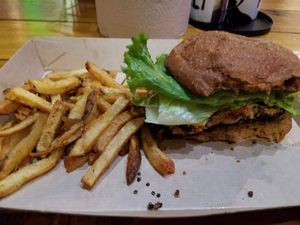Veggie bean burger with fries at Twisted Root Burger in Waco