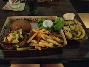 Vegabond with fries & fried pickles   at Twisted Root Burger in Waco