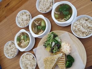 Pumpkin sandwich with vegan Japanese mash potato instead of fries, veggie soups, brown rice at Yi Ke Shu - Tanjung Bungah in Penang