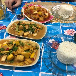 Thai tofu dishes. Curry, pineapple and sweet/sour  at Number One Vegetarian in Bangkok