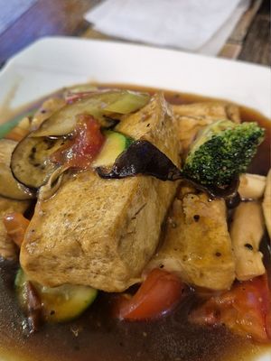 Tofu with black pepper sauce set meal, came with rice, side dishes and soup at Batien Vegetarian - Maybe closed in Chiayi