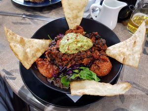 Black bean chilli with guacamole at Turtle Bean Cafe in Liss